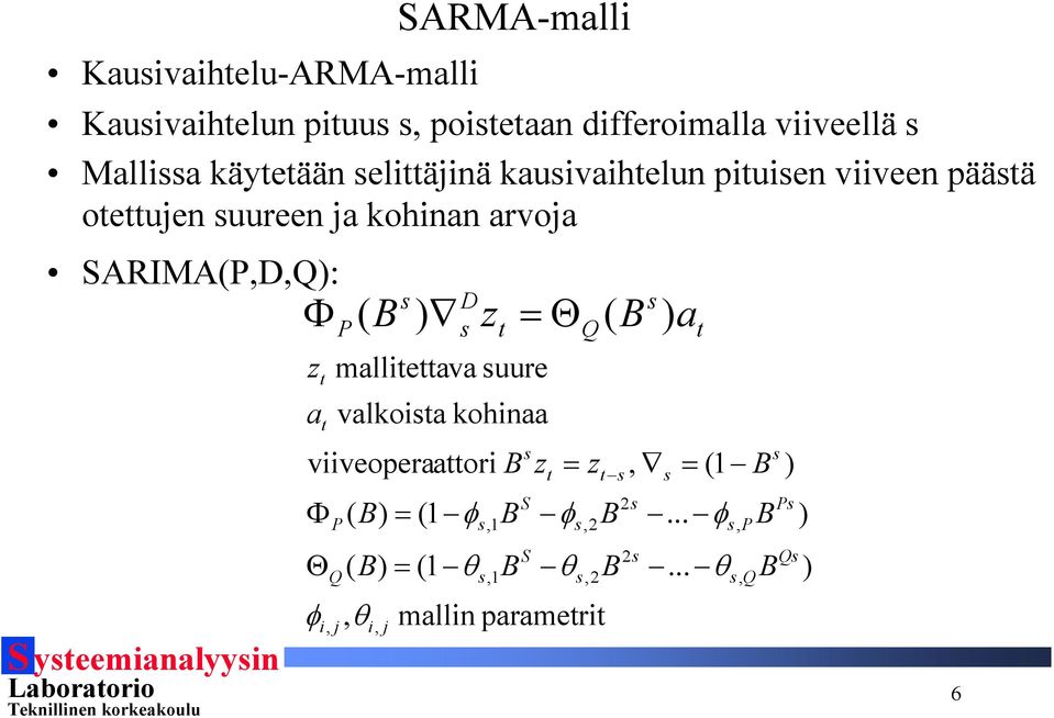 θ ( Θ ( ) ( ) s D s ) s z = Q( ) mallieava suure valkoisa kohinaa viiveoperaaori Φ Θ φ P Q i, j i, j = (1 φ