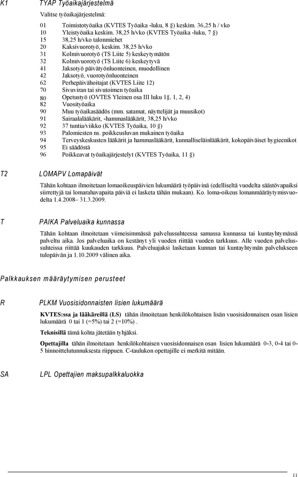 38,25 h/vko 31 Kolmivuorotyö (TS Liite 5) keskeytymätön 32 Kolmivuorotyö (TS Liite 6) keskeytyvä 41 Jaksotyö päivätyönluonteinen, muodollinen 42 Jaksotyö, vuorotyönluonteinen 62 Perhepäivähoitajat