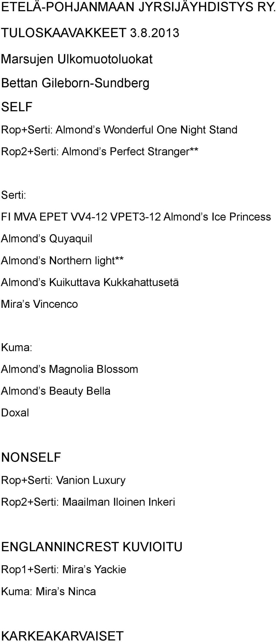 Stranger** Serti: FI MVA EPET VV4-12 VPET3-12 Almond s Ice Princess Almond s Quyaquil Almond s Northern light** Almond s Kuikuttava