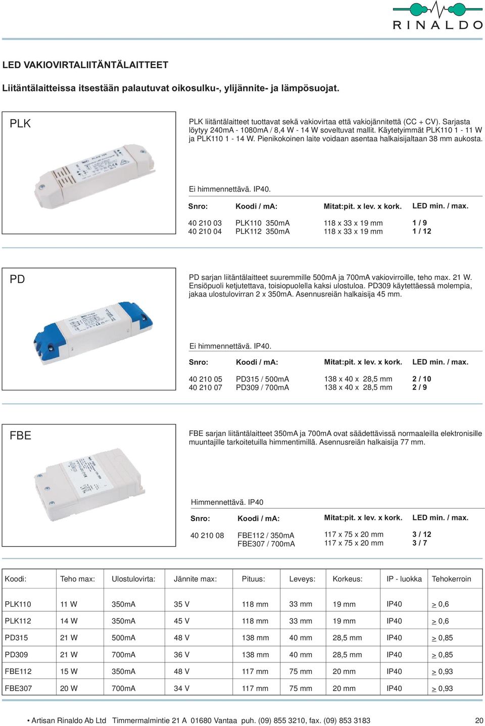 . 40 210 0 40 210 04 PLK110 PLK112 118 x x 118 x x 1 / 9 1 / 12 PD PD sarjan liitäntälaitteet suuremmille 500mA ja vakiovirroille, teho max. 21 W.