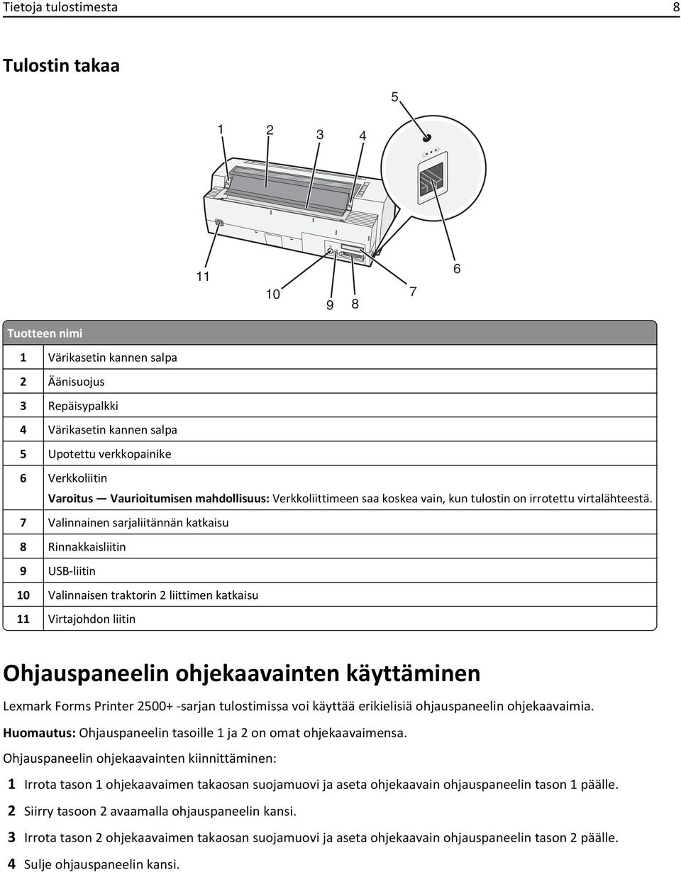 7 Valinnainen sarjaliitännän katkaisu 8 Rinnakkaisliitin 9 USB-liitin 10 Valinnaisen traktorin 2 liittimen katkaisu 11 Virtajohdon liitin Ohjauspaneelin ohjekaavainten käyttäminen Lexmark Forms