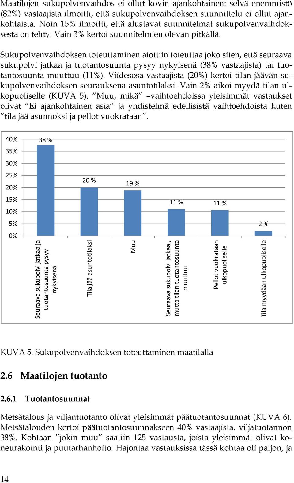 Sukupolvenvaihdoksen toteuttaminen aiottiin toteuttaa joko siten, että seuraava sukupolvi jatkaa ja tuotantosuunta pysyy nykyisenä (38% vastaajista) tai tuotantosuunta muuttuu (11%).