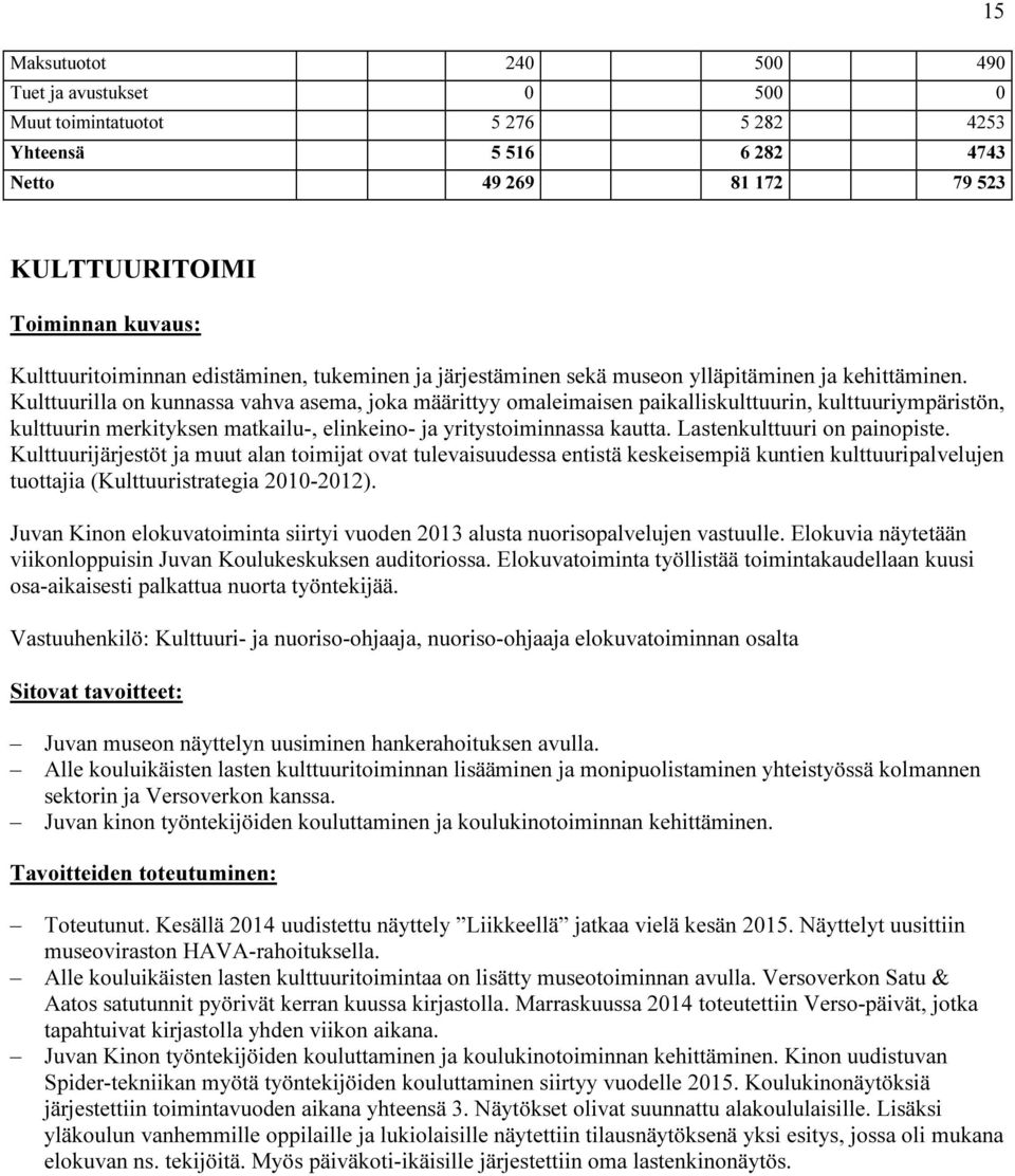 Kulttuurilla on kunnassa vahva asema, joka määrittyy omaleimaisen paikalliskulttuurin, kulttuuriympäristön, kulttuurin merkityksen matkailu-, elinkeino- ja yritystoiminnassa kautta.