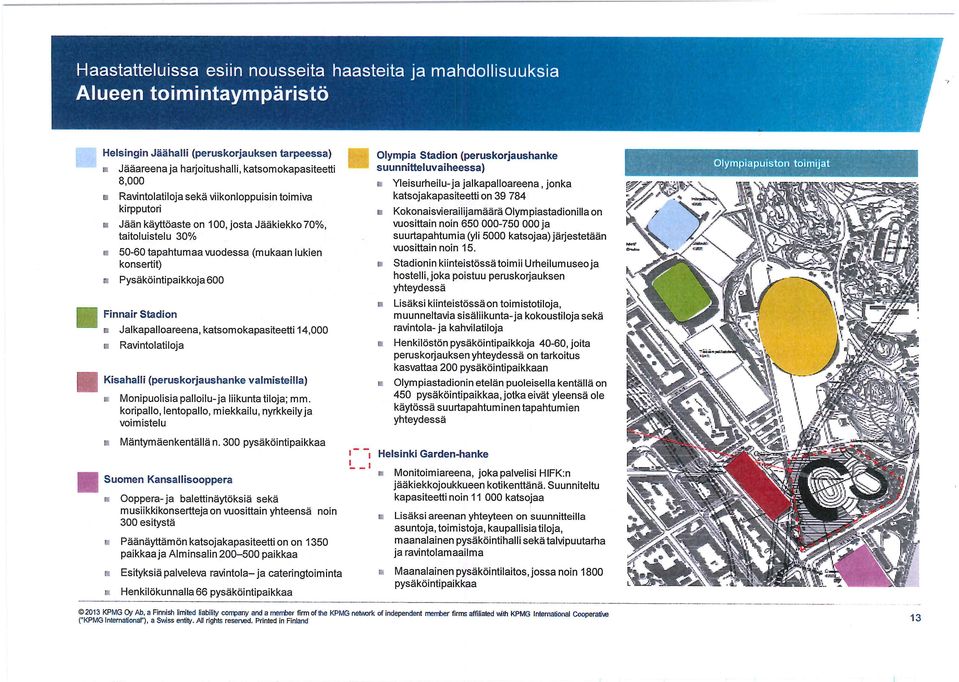 Pysäköintipaikkoja 600 Finnair Stadion B Jalkapalloareena, katsomokapasiteetti 14,000 E Ravintolatiloja Kisahalli (peruskorjaushanke valmisteilla) v. Monipuolisia palloilu-ja liikuntatiloja; mm.