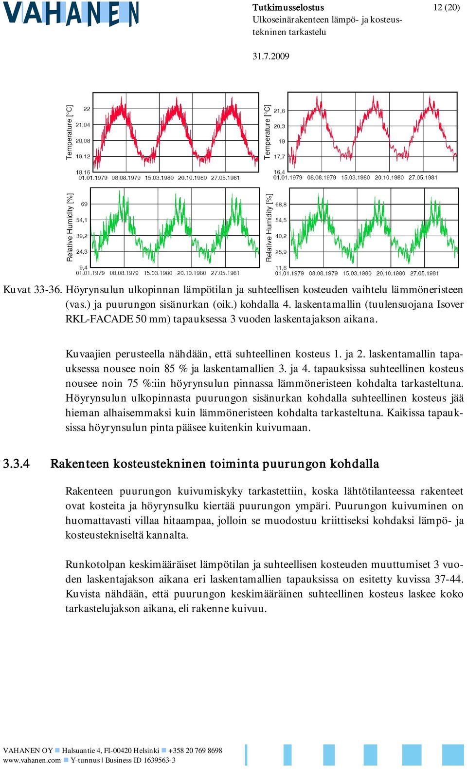 Kuvaajien perusteella nähdään, että suhteellinen kosteus 1. ja 2. laskentamallin tapauksessa nousee noin 85 % ja laskentamallien 3. ja 4.