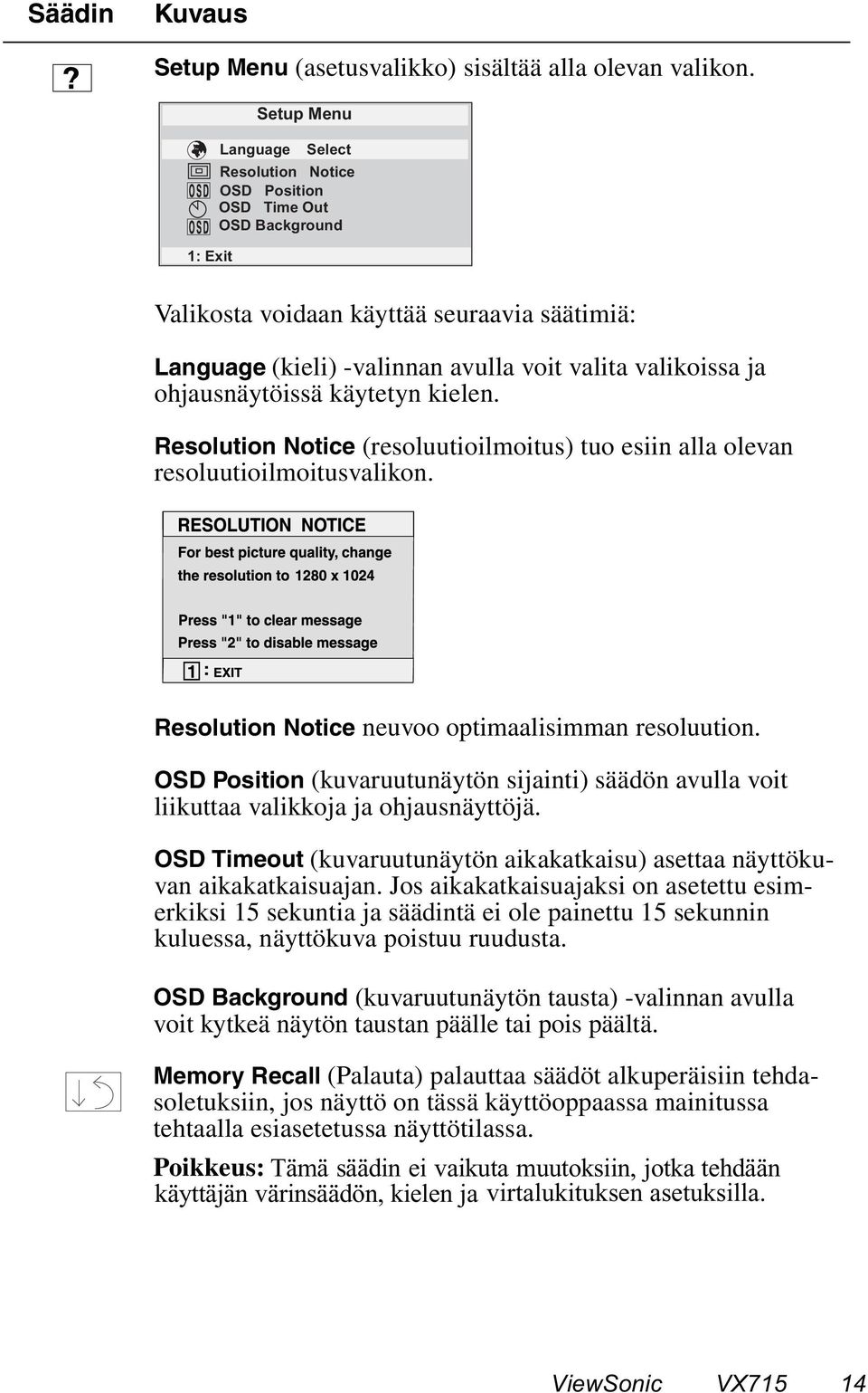 ohjausnäytöissä käytetyn kielen. Resolution Notice (resoluutioilmoitus) tuo esiin alla olevan resoluutioilmoitusvalikon. Resolution Notice neuvoo optimaalisimman resoluution.