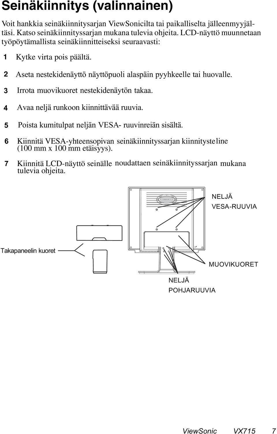 Irrota muovikuoret nestekidenäytön takaa. Avaa neljä runkoon kiinnittävää ruuvia. Poista kumitulpat neljän VESA- ruuvinreiän sisältä.