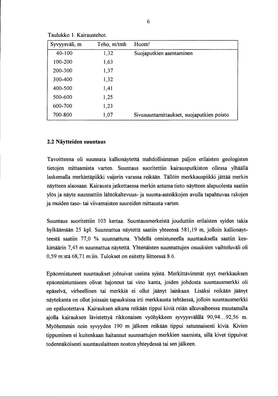 Suuntaus suoritettiin kairausputkiston ollessa ylhäällä laskemalla merkintäpiikki vaijerin varassa reikään. Tällöin merkkauspiikki jättää merkin näytteen alaosaan.