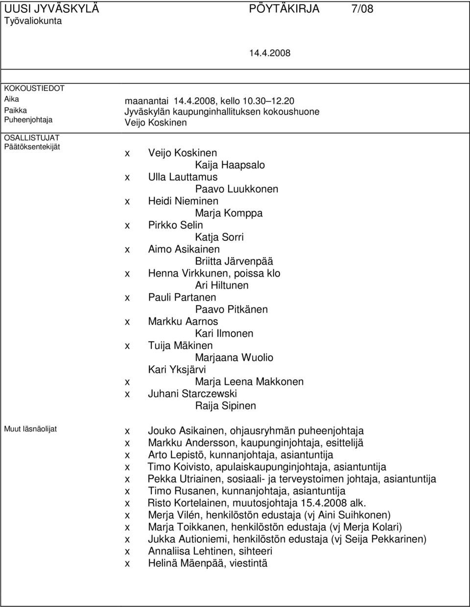 Järvenpää Henna Virkkunen, poissa klo Ari Hiltunen Pauli Partanen Paavo Pitkänen Markku Aarnos Kari Ilmonen Tuija Mäkinen Marjaana Wuolio Kari Yksjärvi Marja Leena Makkonen Juhani Starczewski Raija