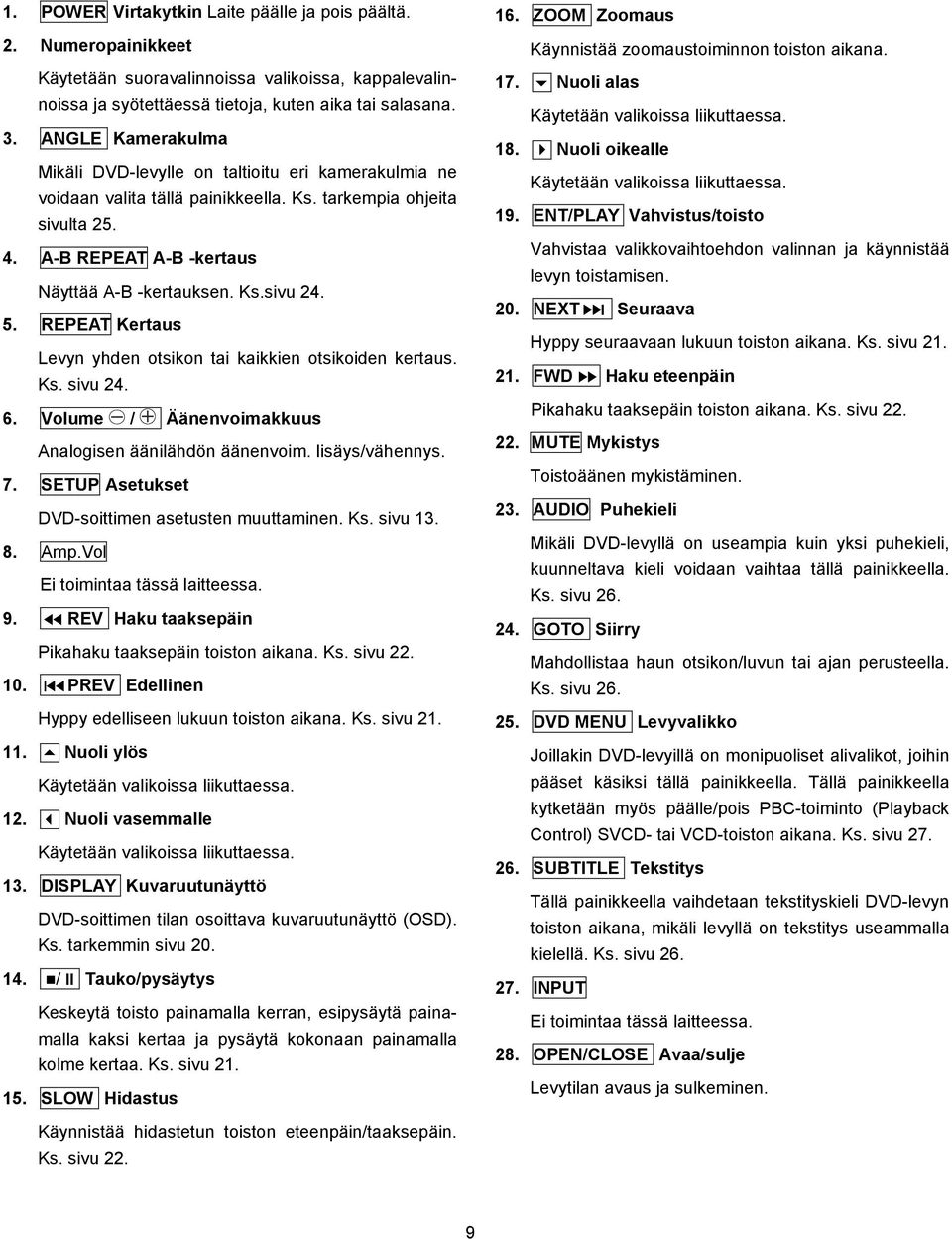 REPEAT Kertaus Levyn yhden otskon ta kakken otskoden kertaus. Ks. svu 24. 6. Volume / Äänenvomakkuus Analogsen äänlähdön äänenvom. lsäys/vähennys. 7. SETUP Asetukset DVDsottmen asetusten muuttamnen.