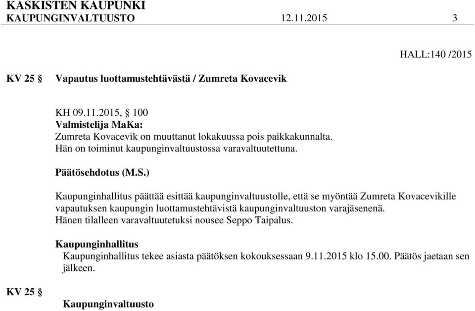 päättää esittää kaupunginvaltuustolle, että se myöntää Zumreta Kovacevikille vapautuksen kaupungin luottamustehtävistä kaupunginvaltuuston