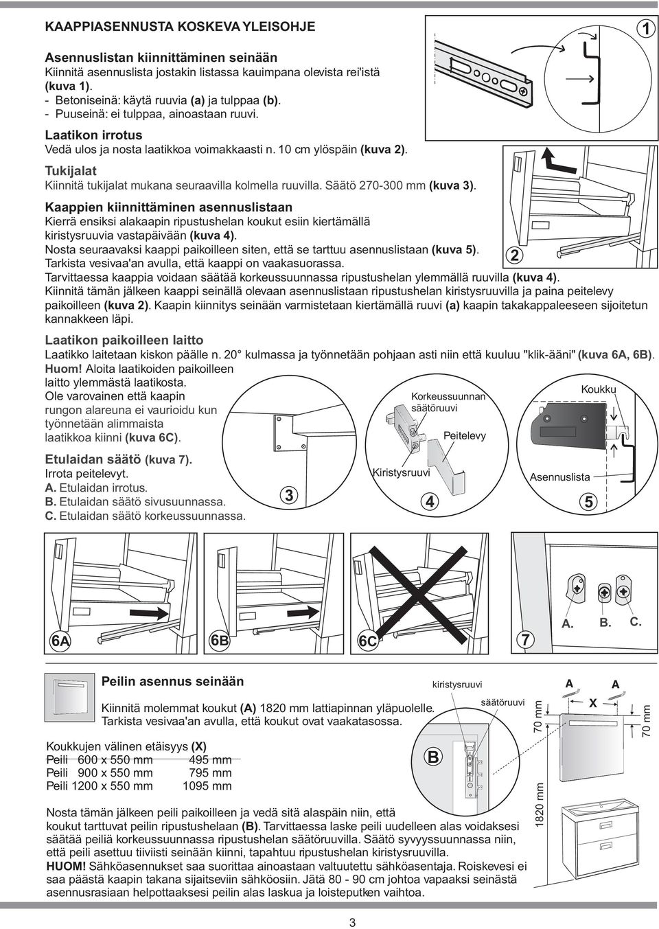 270-300 mm (kuva 3) Kaappien kiinnittäminen asennuslistaan Kierrä ensiksi alakaapin ripustushelan koukut esiin kiertämällä kiristysruuvia vastapäivään (kuva 4) Nosta seuraavaksi kaappi paikoilleen