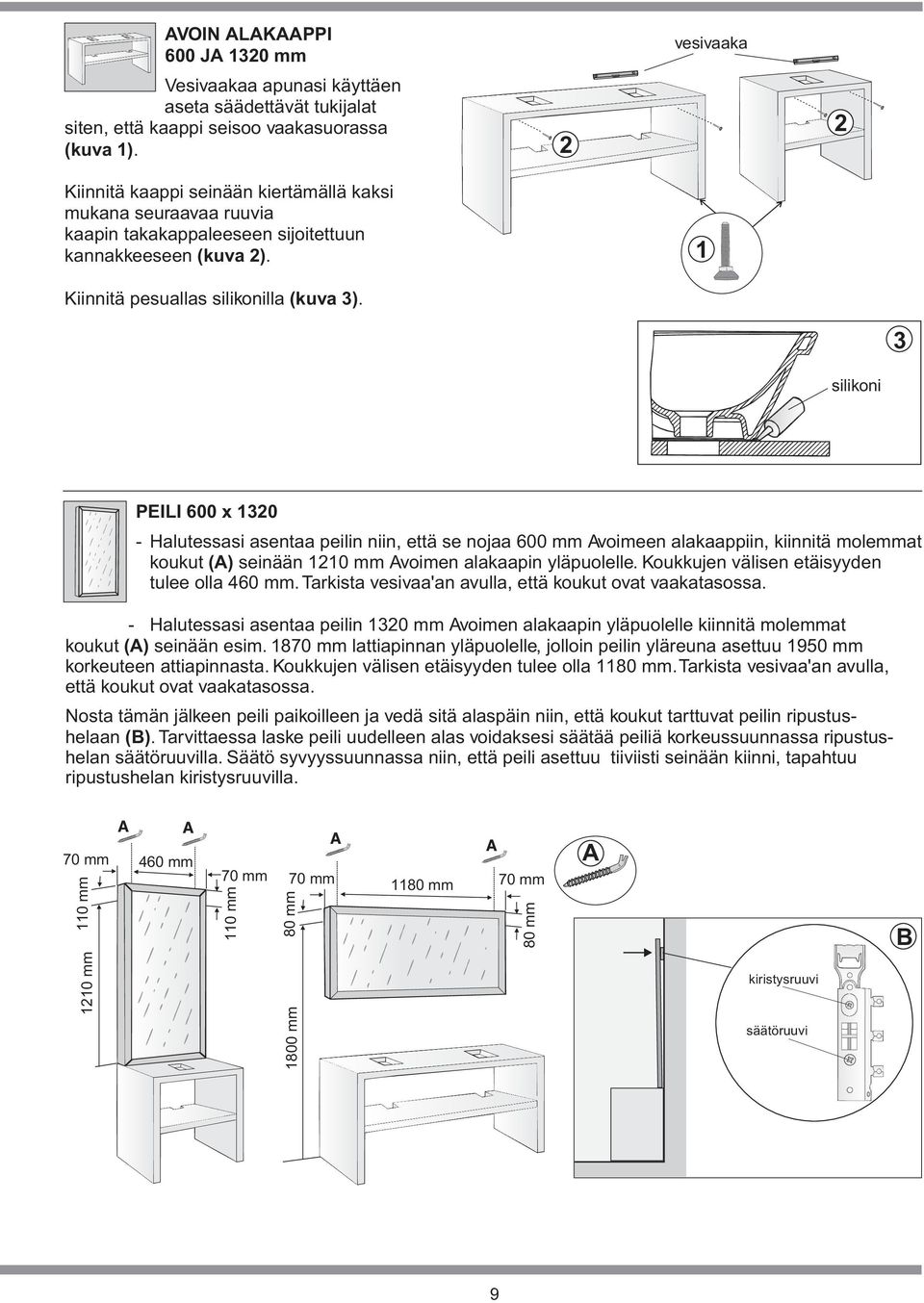 mm Avoimeen alakaappiin, kiinnitä molemmat koukut (A) seinään 1210 mm Avoimen alakaapin yläpuolelle Koukkujen välisen etäisyyden tulee olla 460 mm Tarkista vesivaa'an avulla, että koukut ovat