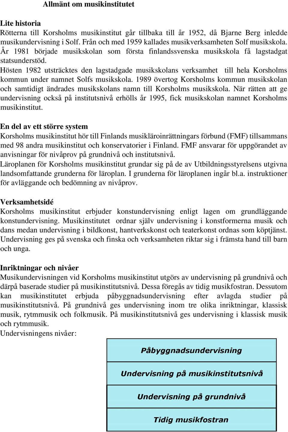 Hösten 1982 utsträcktes den lagstadgade musikskolans verksamhet till hela Korsholms kommun under namnet Solfs musikskola.