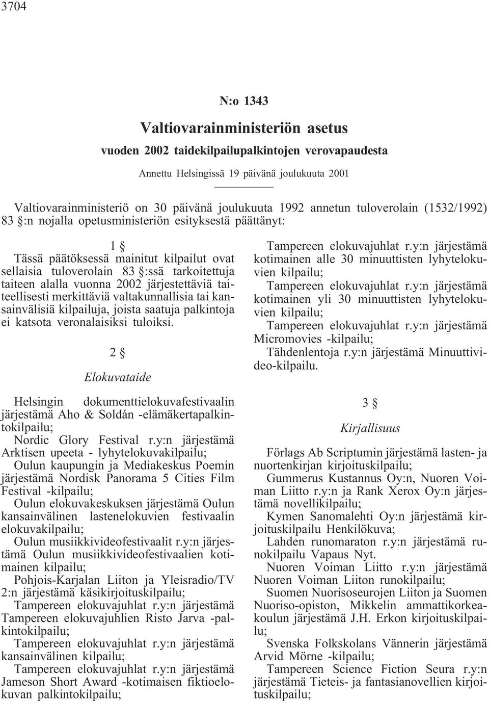 2002 järjestettäviä taiteellisesti merkittäviä valtakunnallisia tai kansainvälisiä kilpailuja, joista saatuja palkintoja ei katsota veronalaisiksi tuloiksi.