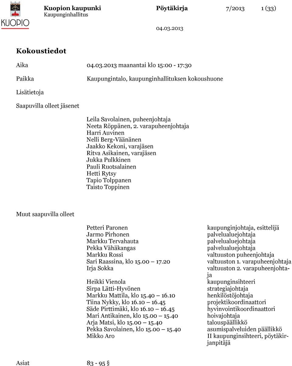 varapuheenjohtaja Harri Auvinen Nelli Berg-Väänänen Jaakko Kekoni, varajäsen Ritva Asikainen, varajäsen Jukka Pulkkinen Pauli Ruotsalainen Hetti Rytsy Tapio Tolppanen Taisto Toppinen Muut saapuvilla