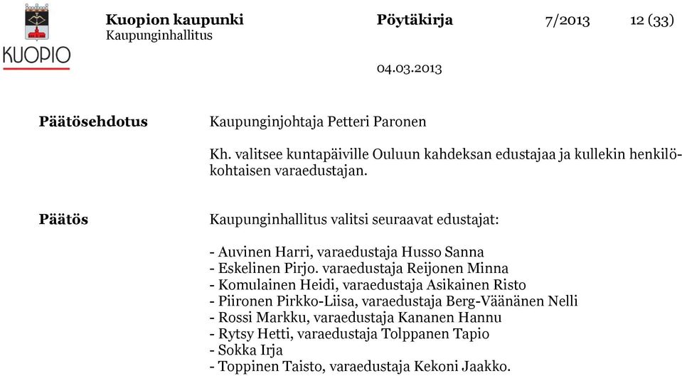 Päätös valitsi seuraavat edustajat: - Auvinen Harri, varaedustaja Husso Sanna - Eskelinen Pirjo.