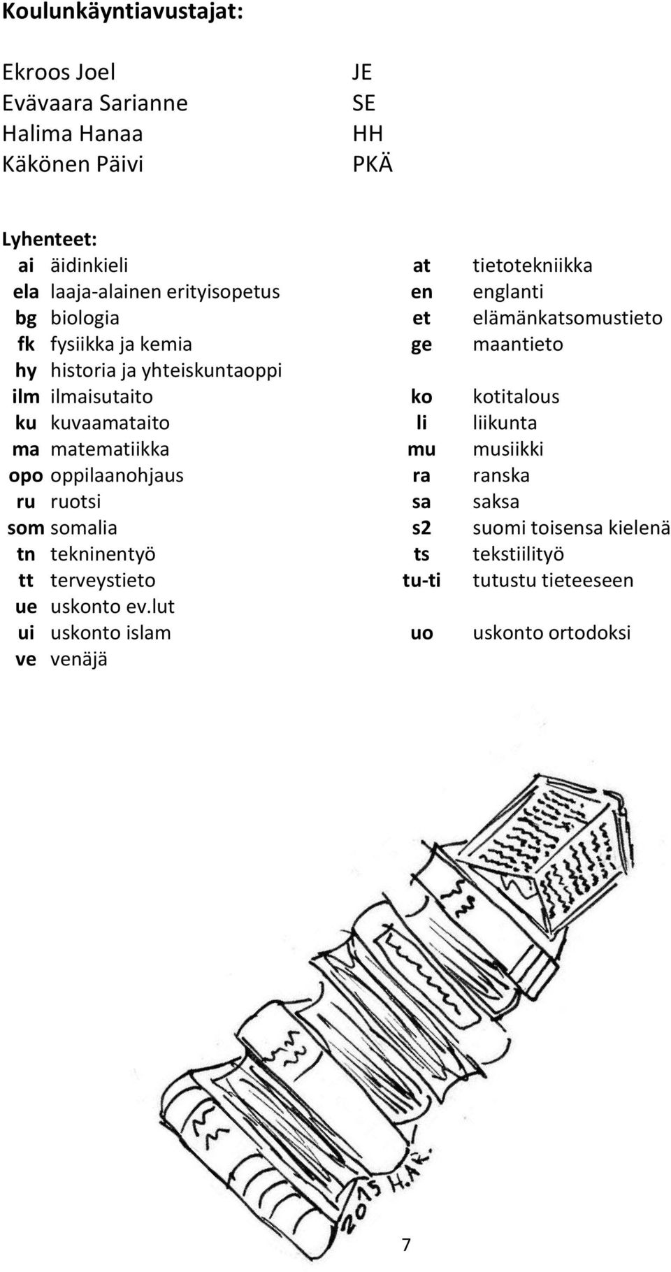 ilmaisutaito ko kotitalous ku kuvaamataito li liikunta ma matematiikka mu musiikki opo oppilaanohjaus ra ranska ru ruotsi sa saksa som somalia s2