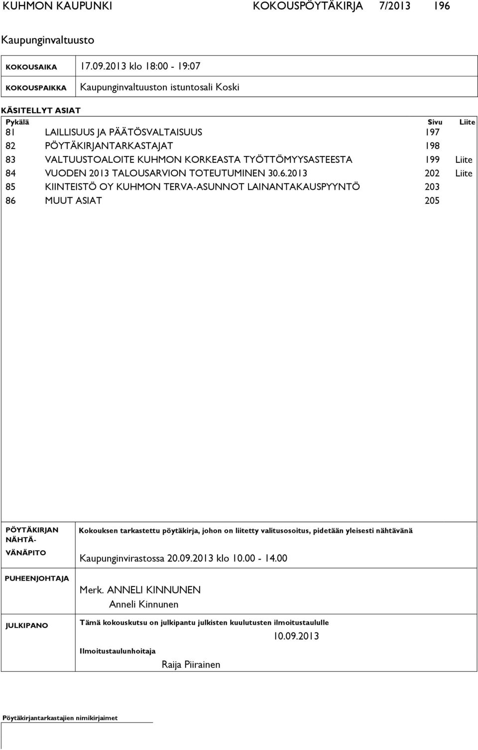 KUHMON KORKEASTA TYÖTTÖMYYSASTEESTA 199 Liite 84 VUODEN 2013 TALOUSARVION TOTEUTUMINEN 30.6.