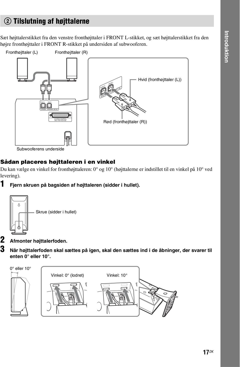 (fronthøjttaler (R)) Subwooferens underside Sådan placeres højttaleren i en vinkel Du kan vælge en vinkel for fronthøjttaleren: 0 og 10 (højttalerne er indstillet til en vinkel på 10 ved levering).