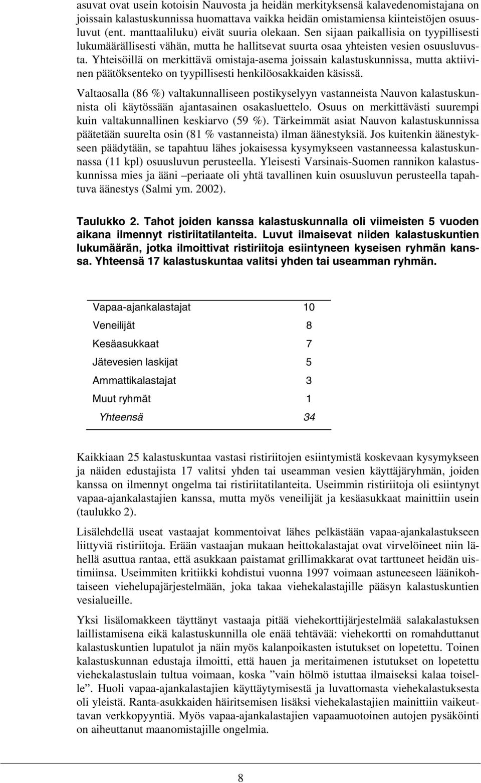 Yhteisöillä on merkittävä omistaja-asema joissain kalastuskunnissa, mutta aktiivinen päätöksenteko on tyypillisesti henkilöosakkaiden käsissä.