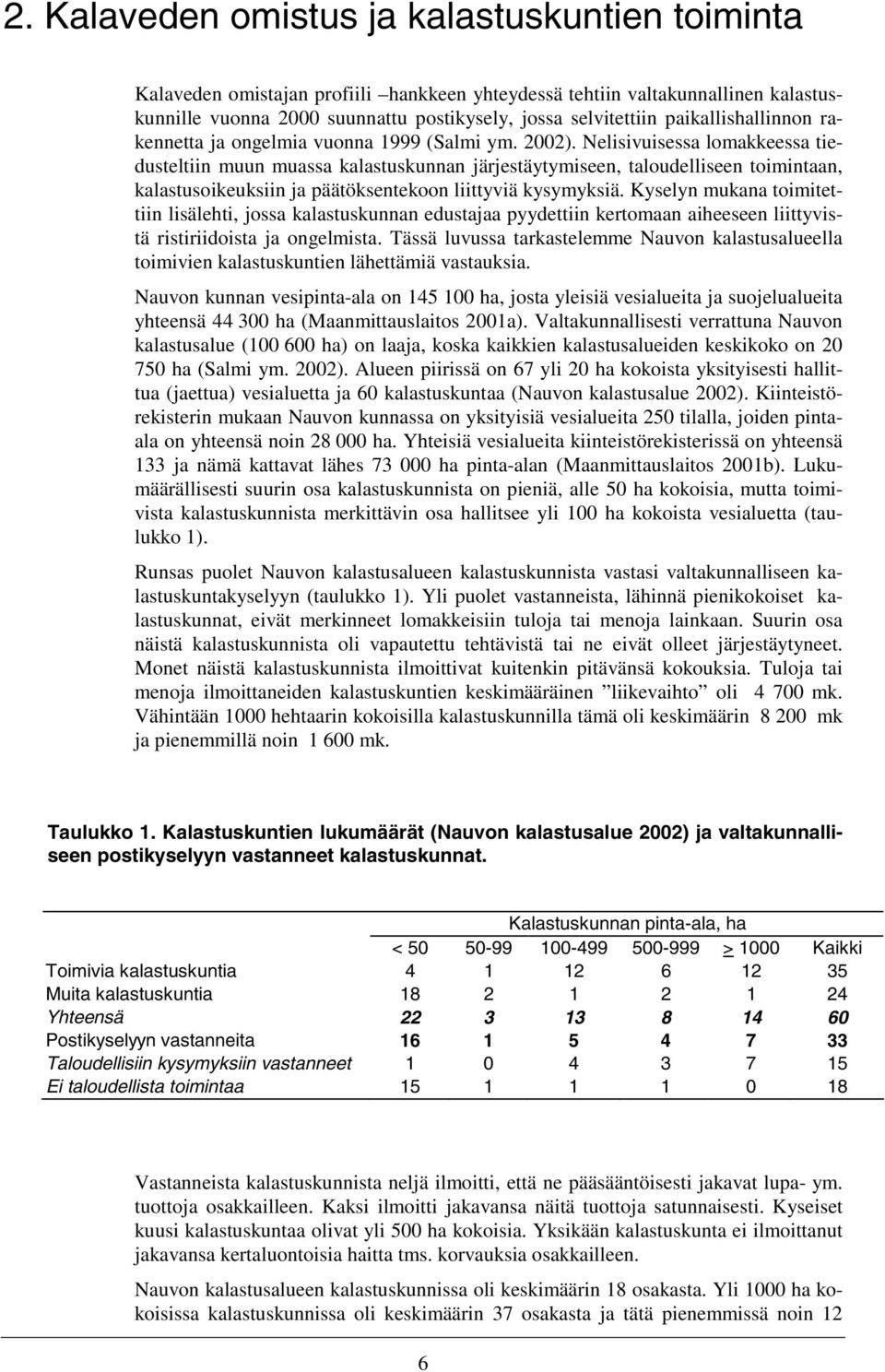 Nelisivuisessa lomakkeessa tiedusteltiin muun muassa kalastuskunnan järjestäytymiseen, taloudelliseen toimintaan, kalastusoikeuksiin ja päätöksentekoon liittyviä kysymyksiä.