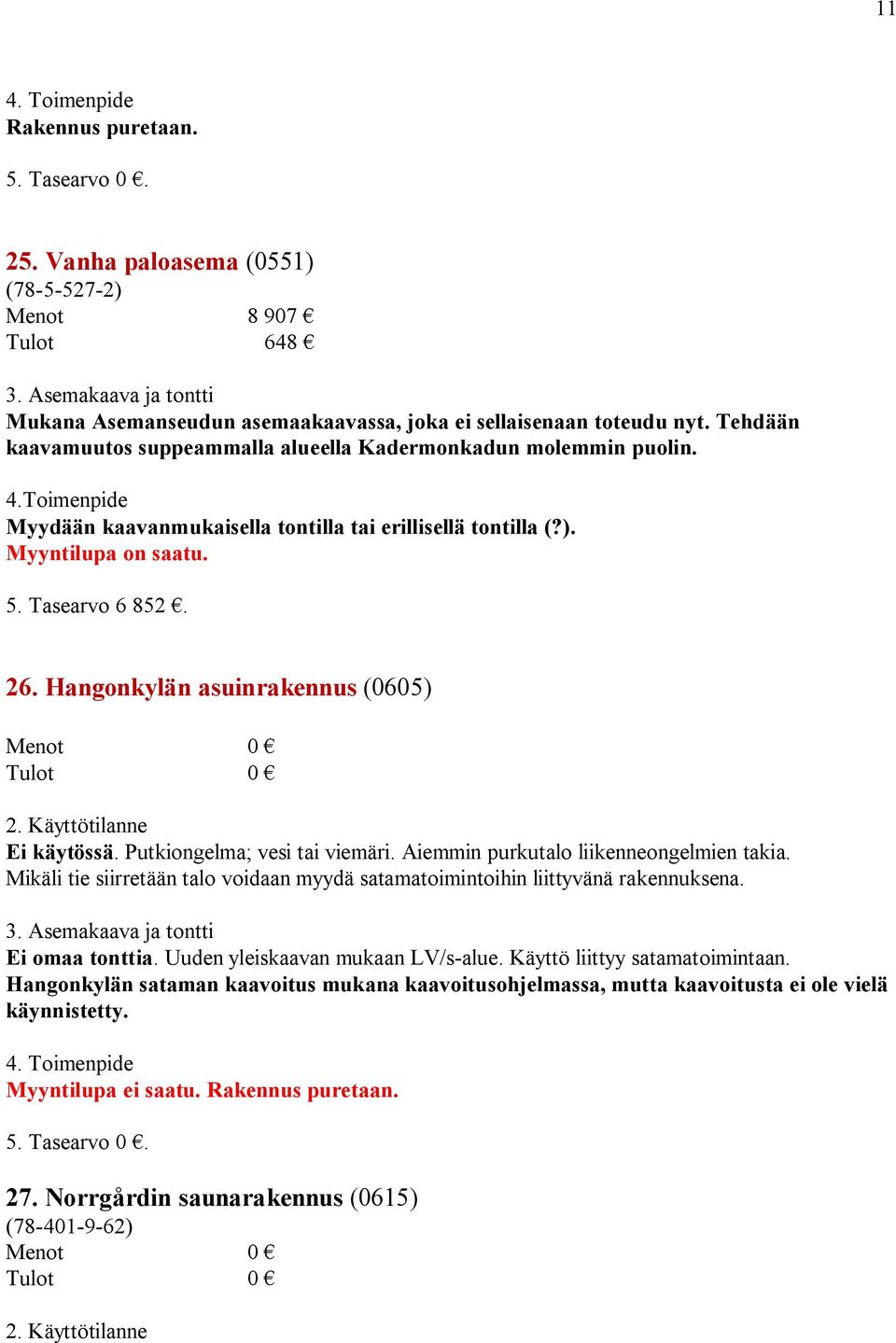 Hangonkylän asuinrakennus (0605) Menot 0 Tulot 0 Ei käytössä. Putkiongelma; vesi tai viemäri. Aiemmin purkutalo liikenneongelmien takia.