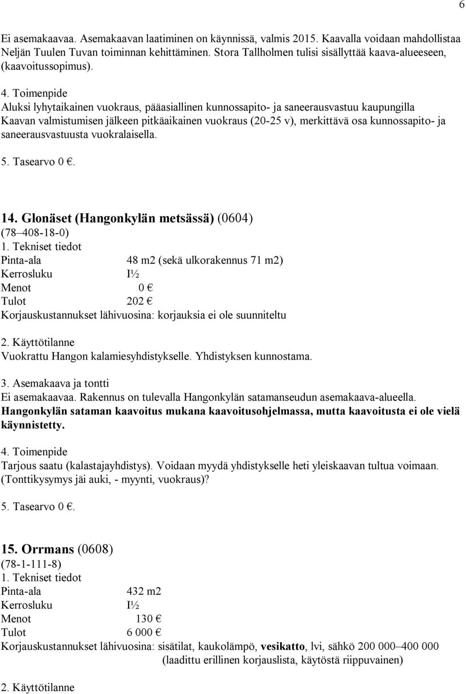 Aluksi lyhytaikainen vuokraus, pääasiallinen kunnossapito- ja saneerausvastuu kaupungilla Kaavan valmistumisen jälkeen pitkäaikainen vuokraus (20-25 v), merkittävä osa kunnossapito- ja