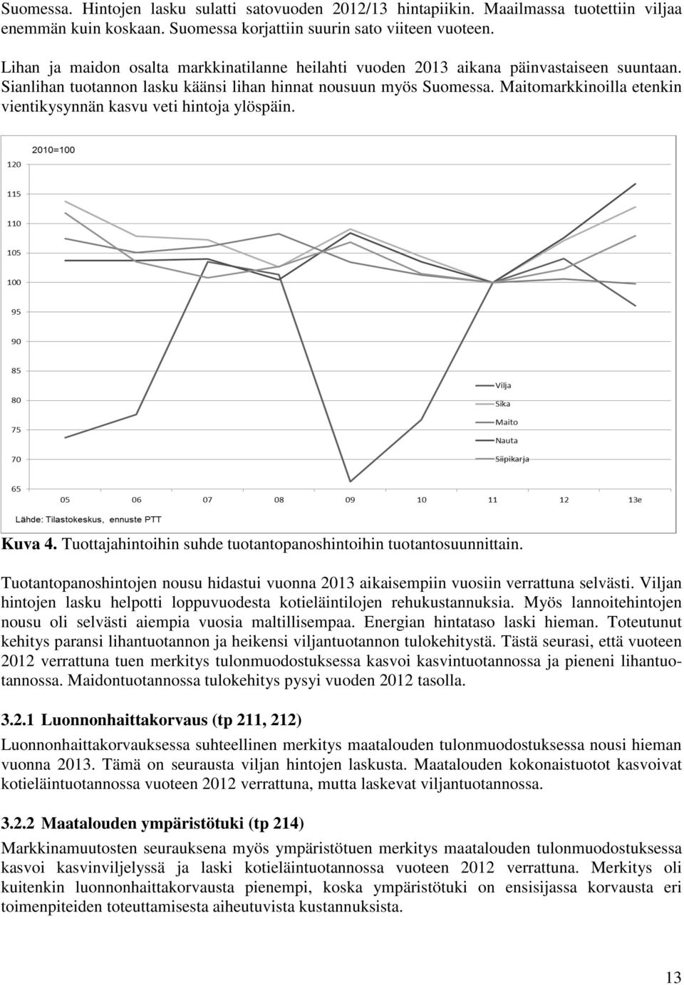 Maitomarkkinoilla etenkin vientikysynnän kasvu veti hintoja ylöspäin. Kuva 4. Tuottajahintoihin suhde tuotantopanoshintoihin tuotantosuunnittain.