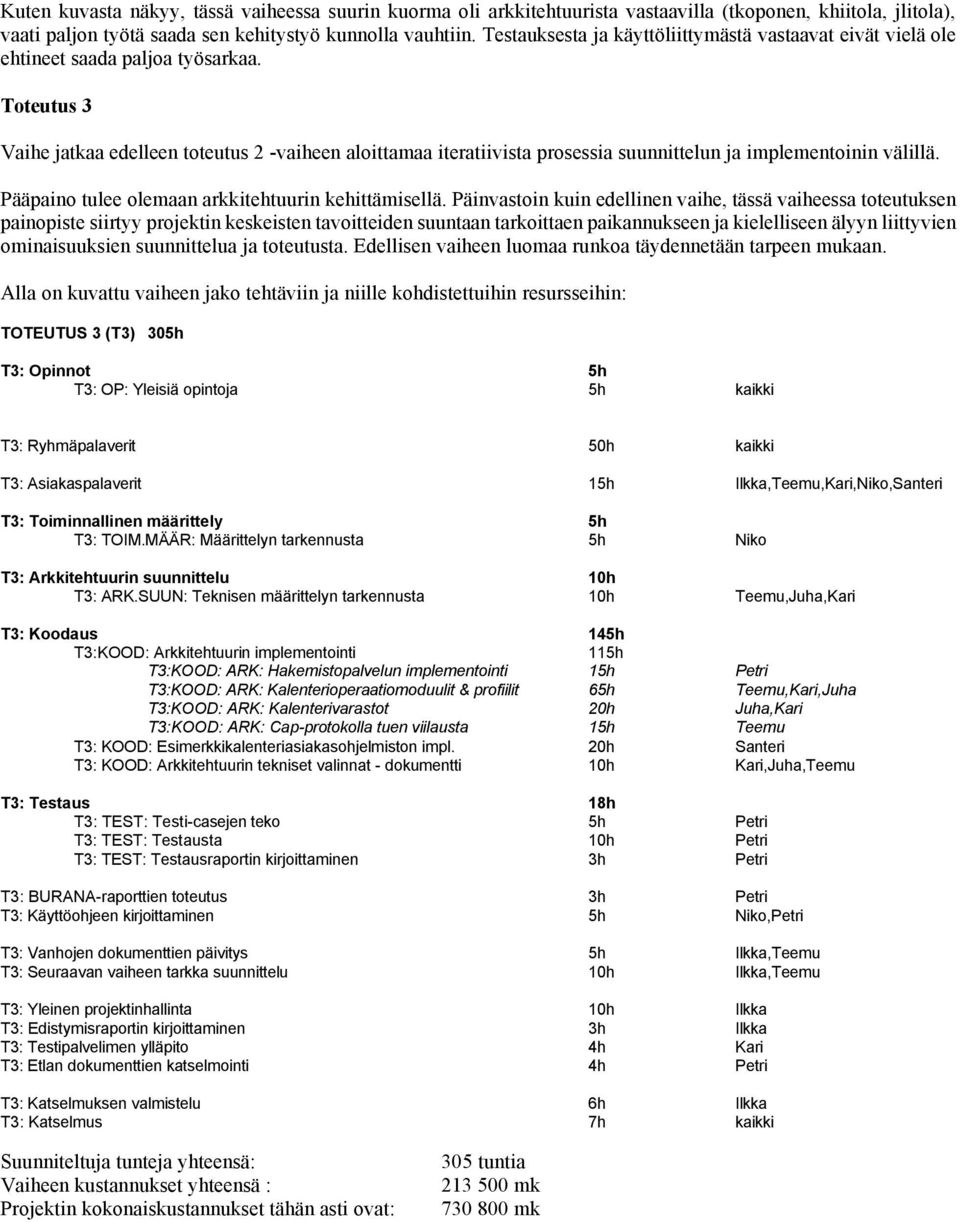 Toteutus 3 Vaihe jatkaa edelleen toteutus 2 -vaiheen aloittamaa iteratiivista prosessia suunnittelun ja implementoinin välillä. Pääpaino tulee olemaan arkkitehtuurin kehittämisellä.