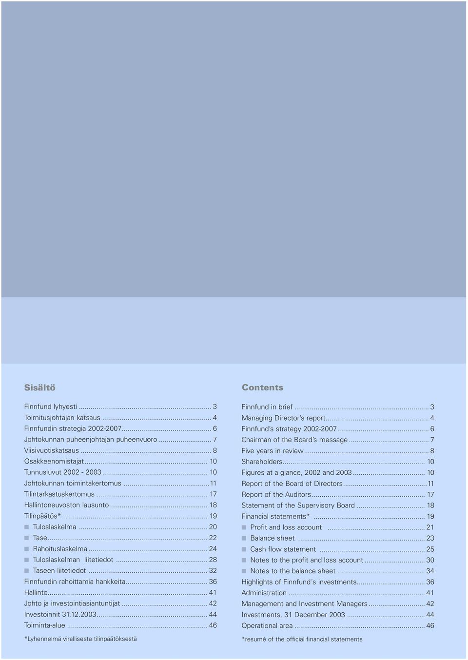 .. 24 Tuloslaskelman liitetiedot... 28 Taseen liitetiedot... 32 Finnfundin rahoittamia hankkeita... 36 Hallinto... 41 Johto ja investointiasiantuntijat... 42 Investoinnit 31.12.2003... 44 Toiminta-alue.