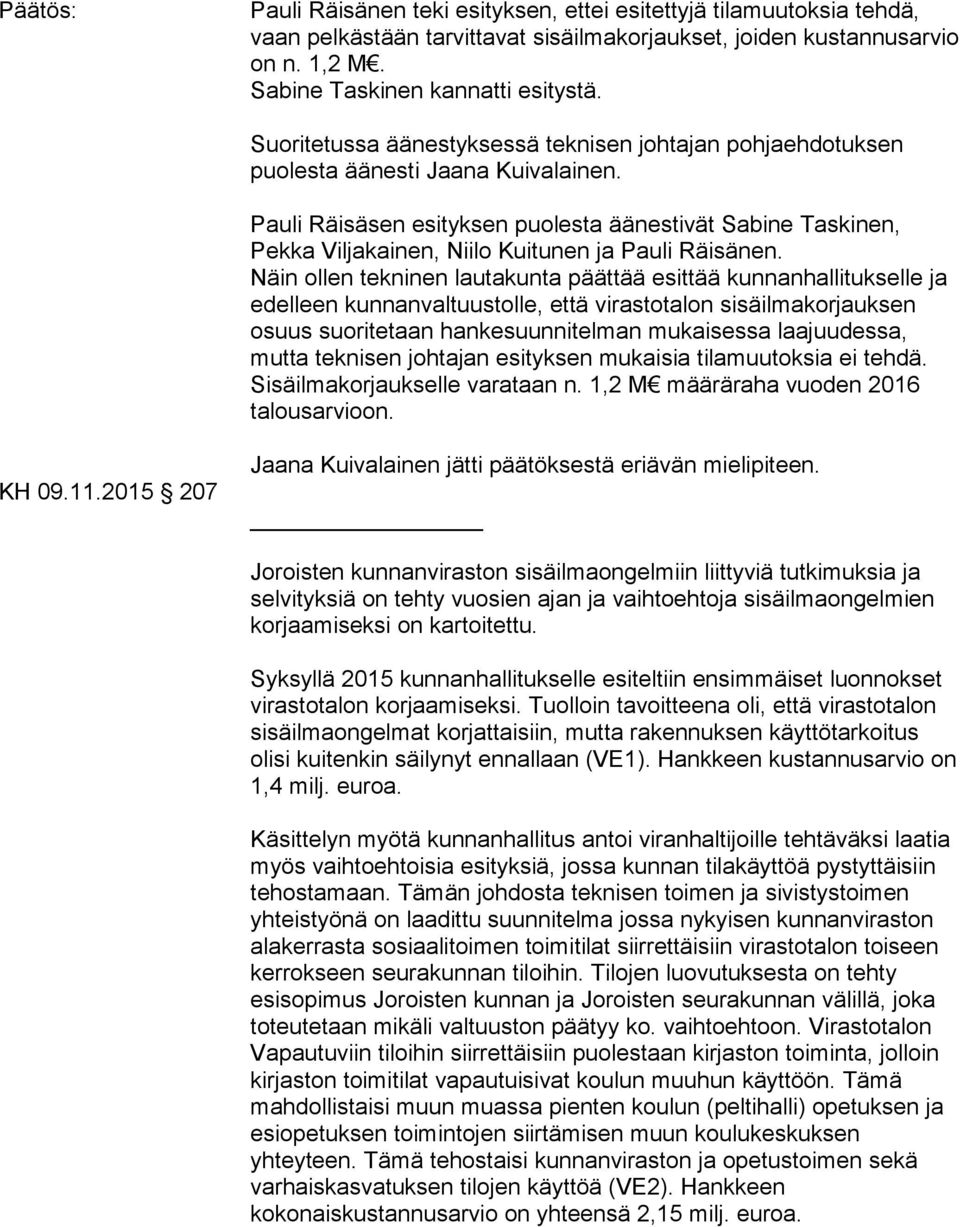 Pauli Räisäsen esityksen puolesta äänestivät Sabine Taskinen, Pekka Viljakainen, Niilo Kuitunen ja Pauli Räisänen.