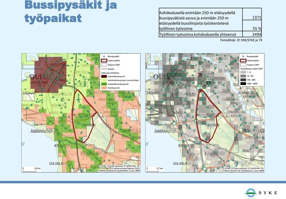 etäisyydellä bussilinjasta työskentelevä työllinen työvoima 55