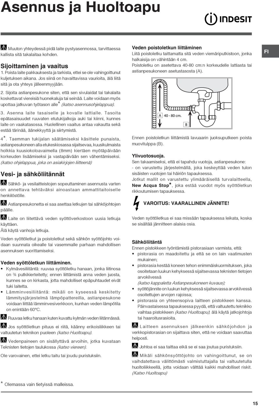 Sijoita astianpesukone siten, että sen sivulaidat tai takalaita koskettavat viereisiä huonekaluja tai seinää. Laite voidaan myös upottaa jatkuvan työtason alle* (katso asennusohjelappua). 3.