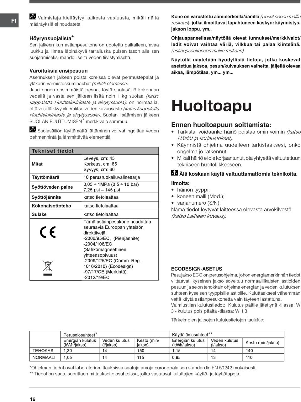 Varoituksia ensipesuun Asennuksen jälkeen poista koreissa olevat pehmustepalat ja yläkorin varmistuskuminauhat (mikäli olemassa).