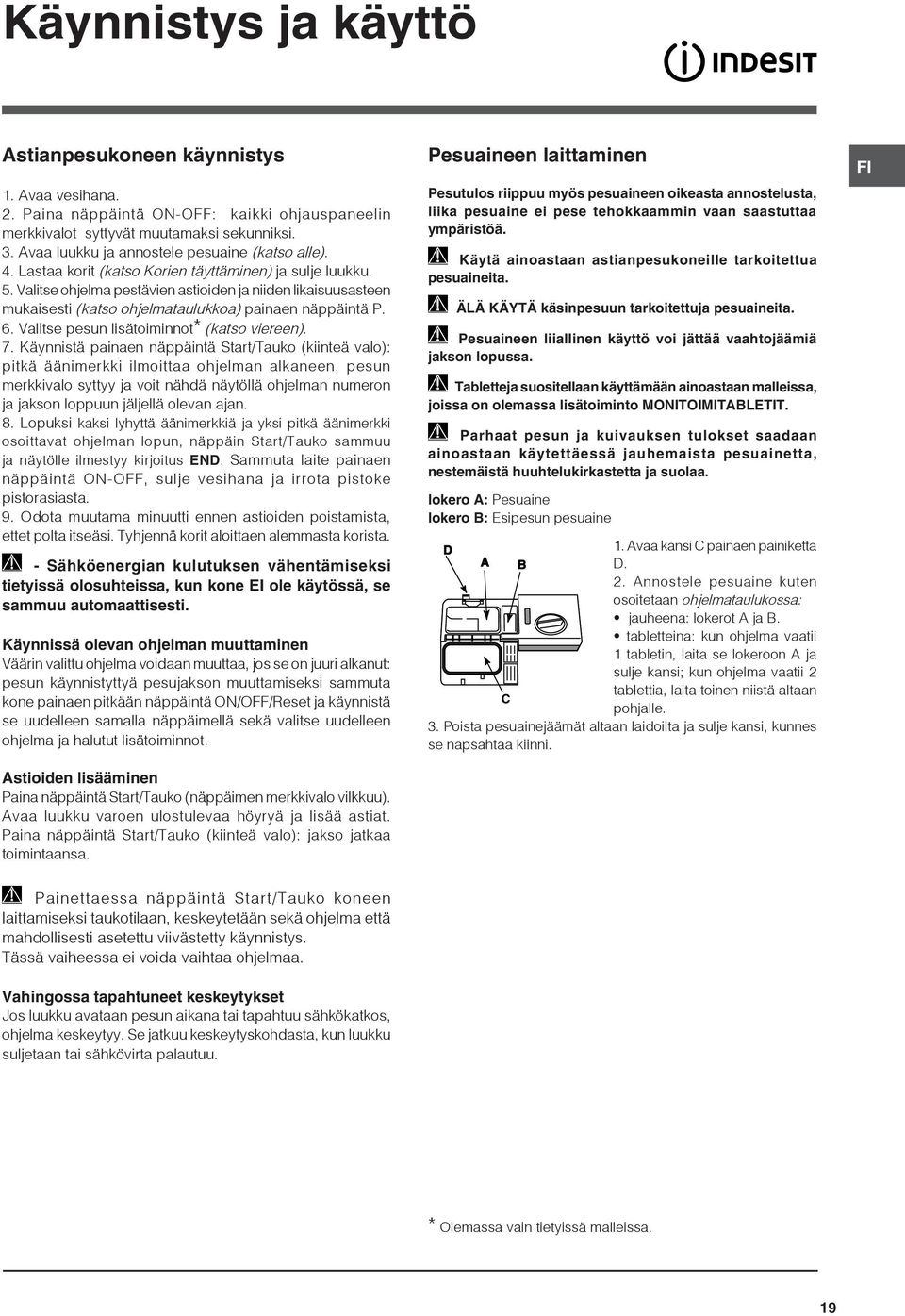 Valitse ohjelma pestävien astioiden ja niiden likaisuusasteen mukaisesti (katso ohjelmataulukkoa) painaen näppäintä P. 6. Valitse pesun lisätoiminnot* (katso viereen). 7.