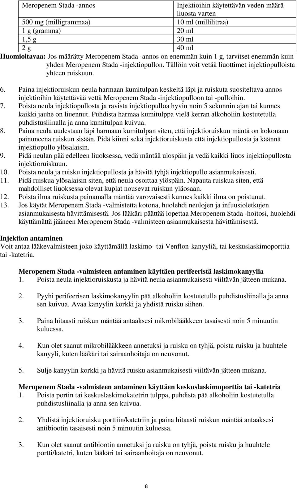 Paina injektioruiskun neula harmaan kumitulpan keskeltä läpi ja ruiskuta suositeltava annos injektioihin käytettävää vettä Meropenem Stada -injektiopulloon tai -pulloihin. 7.