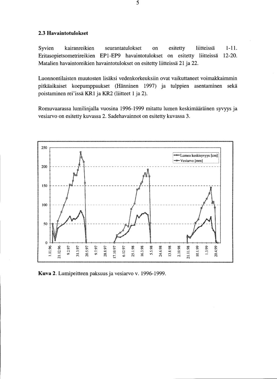 Luonnontilaisten muutosten lisäksi vedenkorkeuksiin ovat vaikuttaneet voimakkaimmin pitkäaikaiset koepumppaukset (Hänninen 1997) ja tulppien asentaminen sekä poistaminen rei'issä KR1 ja KR2 (liitteet