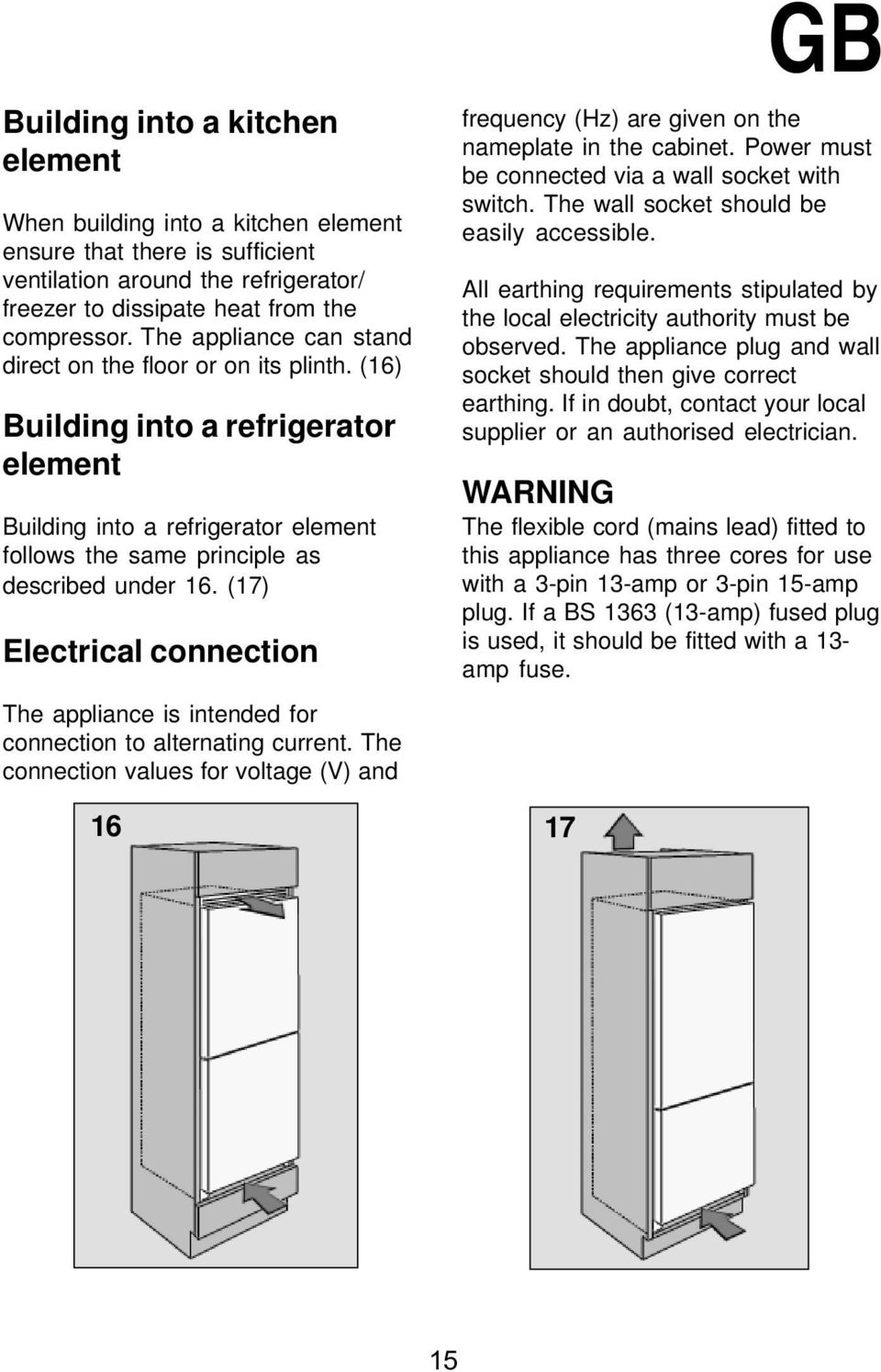 (17) Electrical connection The appliance is intended for connection to alternating current. The connection values for voltage (V) and GB frequency (Hz) are given on the nameplate in the cabinet.