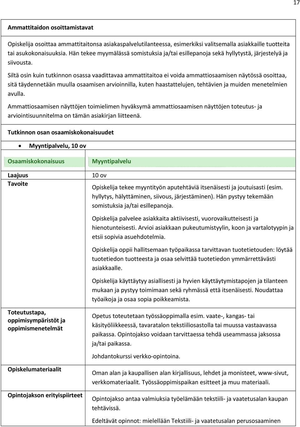 Siltä osin kuin tutkinnon osassa vaadittavaa ammattitaitoa ei voida ammattiosaamisen näytössä osoittaa, sitä täydennetään muulla osaamisen arvioinnilla, kuten haastattelujen, tehtävien ja muiden