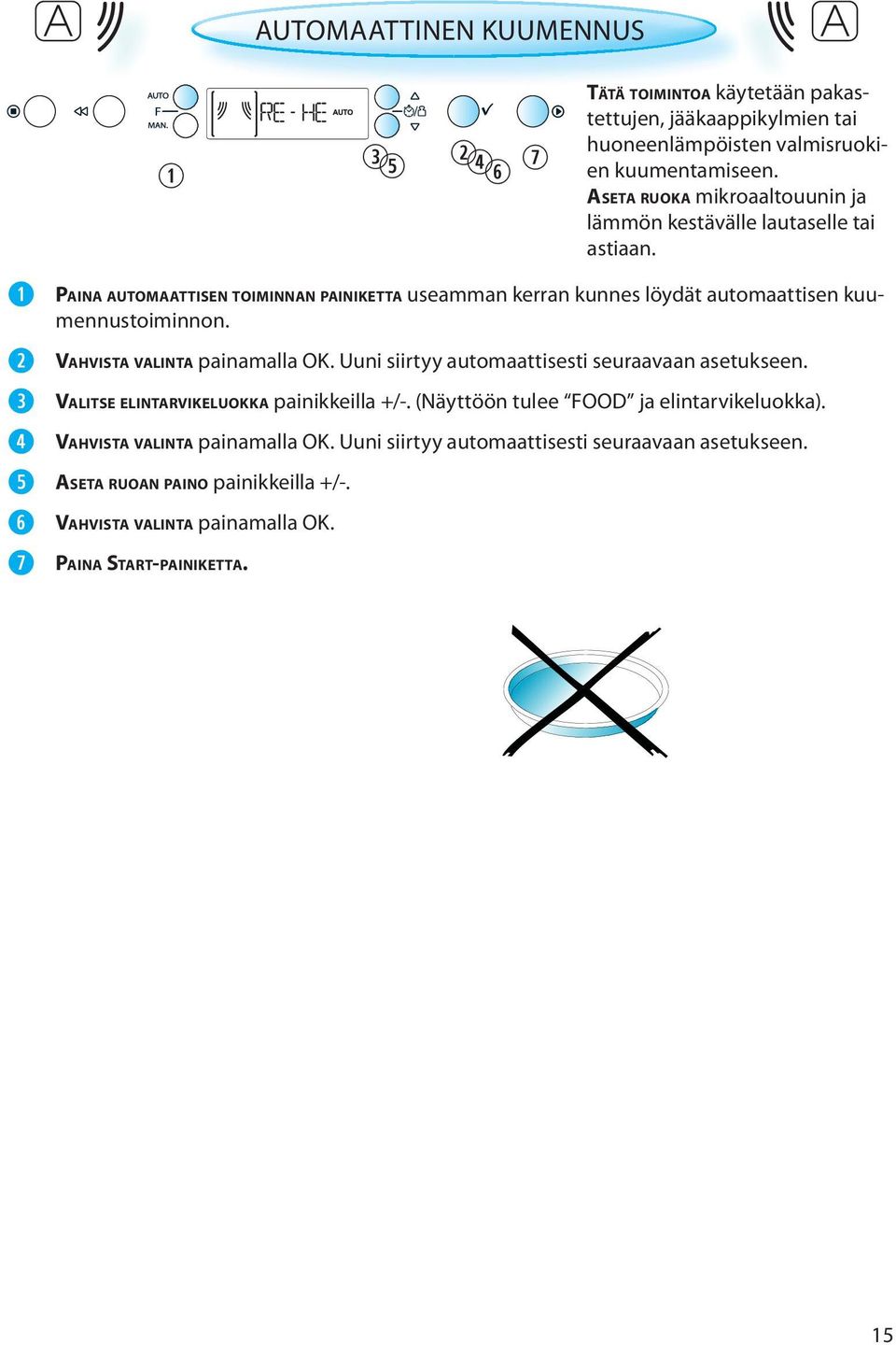 VAHVISTA VALINTA painamalla OK. Uuni siirtyy automaattisesti seuraavaan asetukseen. ASETA RUOAN PAINO painikkeilla +/-. VAHVISTA VALINTA painamalla OK.