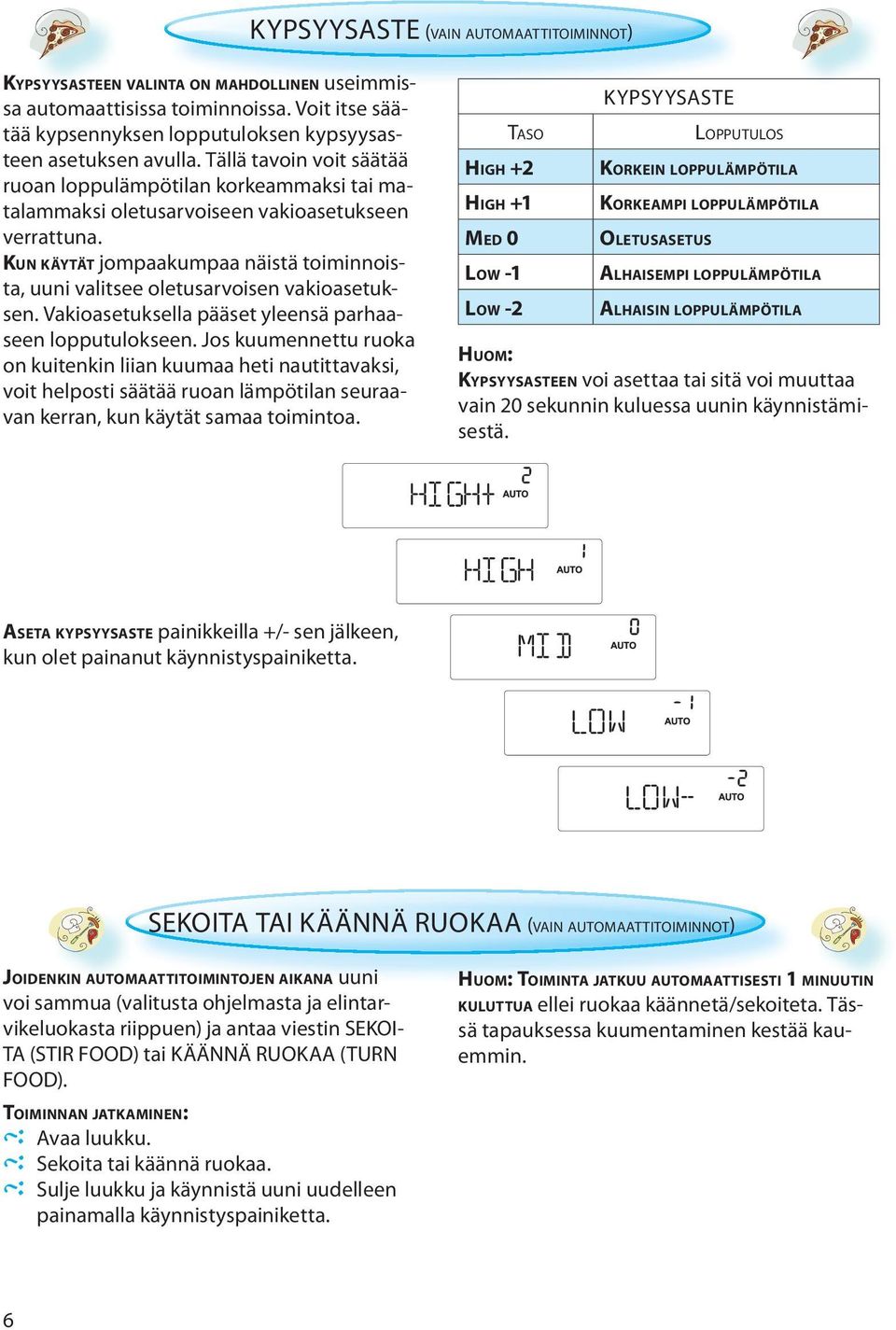 KUN KÄYTÄT jompaakumpaa näistä toiminnoista, uuni valitsee oletusarvoisen vakioasetuksen. Vakioasetuksella pääset yleensä parhaaseen lopputulokseen.