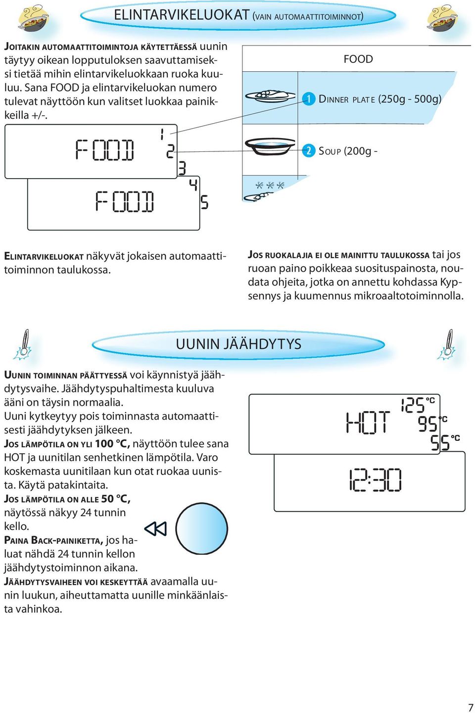 FOOD DINNER PLAT E (250g - 500g) SOUP (200g - ELINTARVIKELUOKAT näkyvät jokaisen automaattitoiminnon taulukossa.