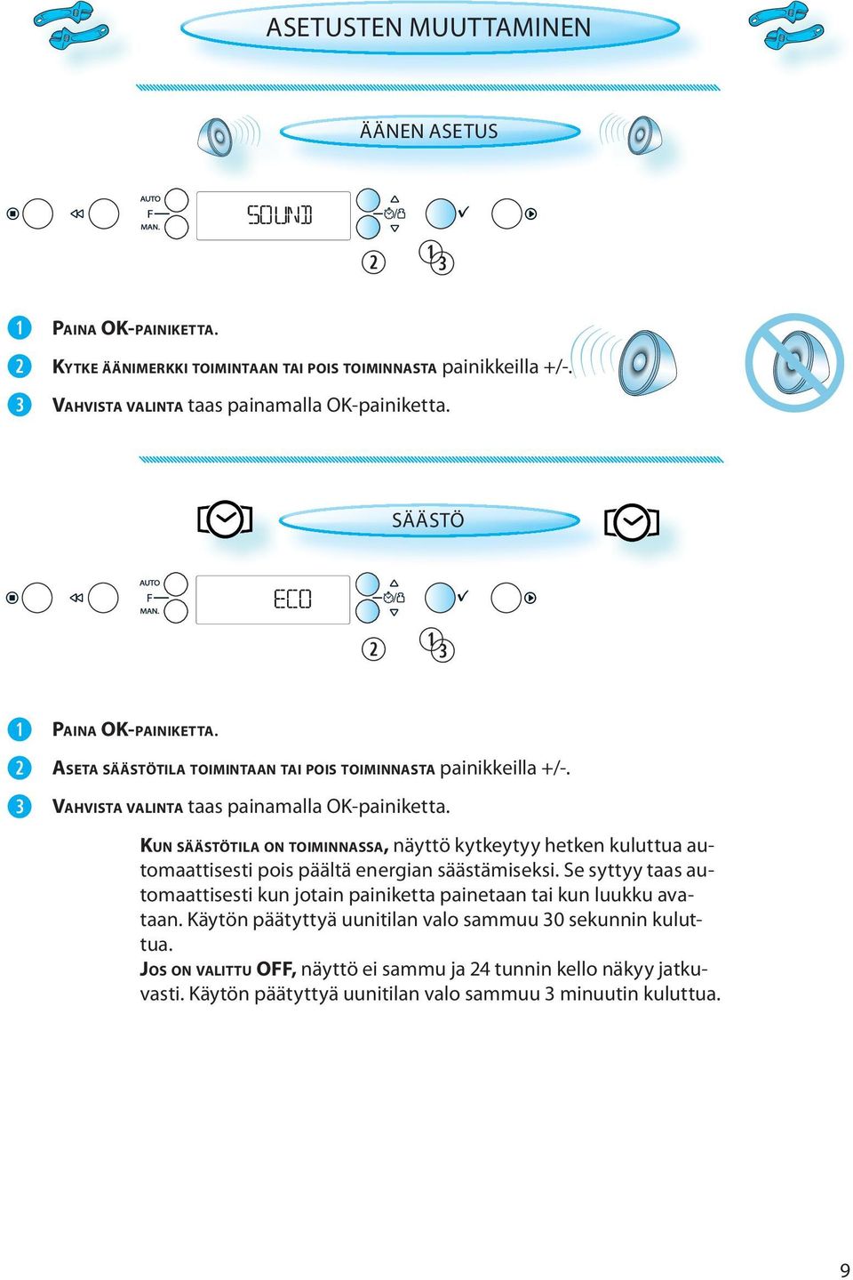 KUN SÄÄSTÖTILA ON TOIMINNASSA, näyttö kytkeytyy hetken kuluttua automaattisesti pois päältä energian säästämiseksi.