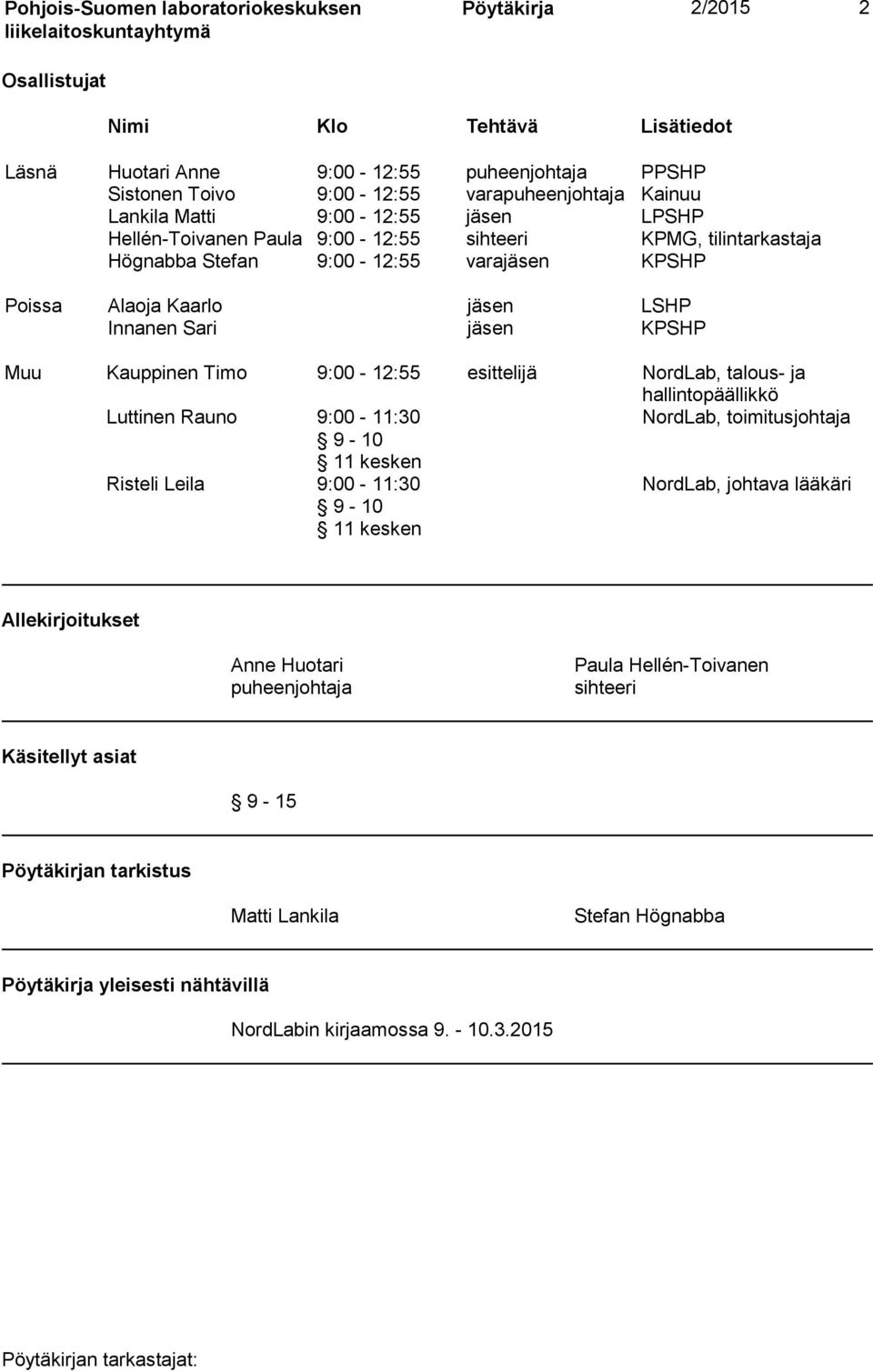 KPSHP Muu Kauppinen Timo 9:00-12:55 esittelijä NordLab, talous- ja hallintopäällikkö Luttinen Rauno 9:00-11:30 NordLab, toimitusjohtaja 9-10 11 kesken Risteli Leila 9:00-11:30 9-10 11 kesken NordLab,