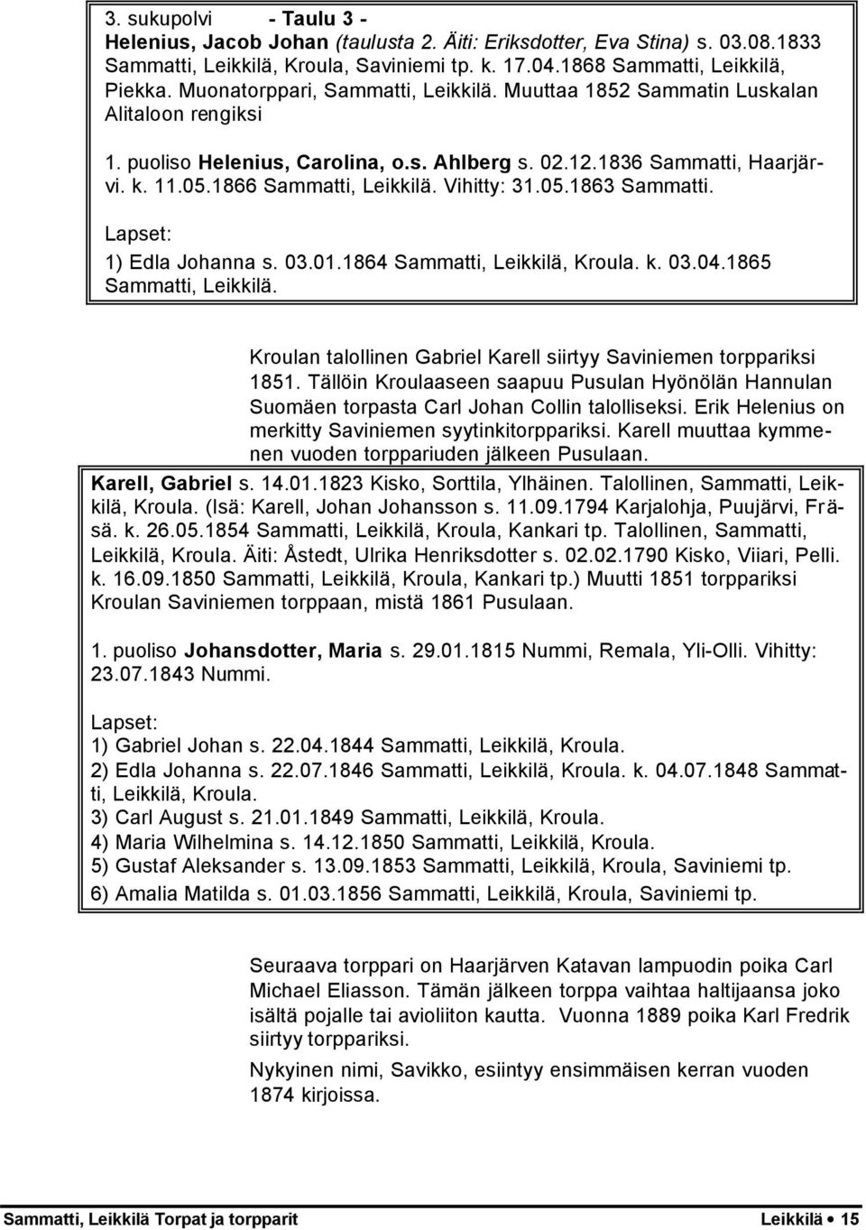 Vihitty: 31.05.1863 Sammatti. 1) Edla Johanna s. 03.01.1864 Sammatti, Leikkilä, Kroula. k. 03.04.1865 Sammatti, Leikkilä. Kroulan talollinen Gabriel Karell siirtyy Saviniemen torppariksi 1851.