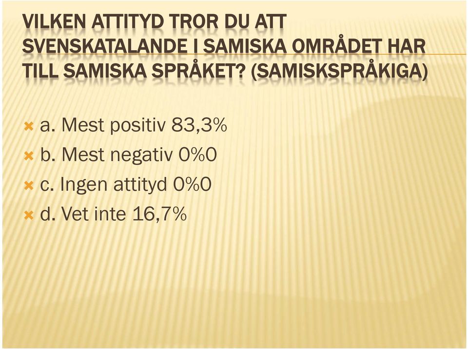 (SAMISKSPRÅKIGA) a. Mest positiv 83,3% b.