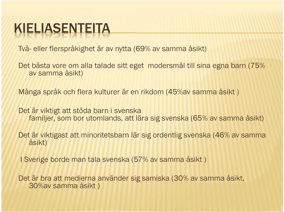 som bor utomlands, att lära sig svenska (65% av samma åsikt) Det är viktigast att minoritetsbarn lär sig ordentlig svenska (46% av samma