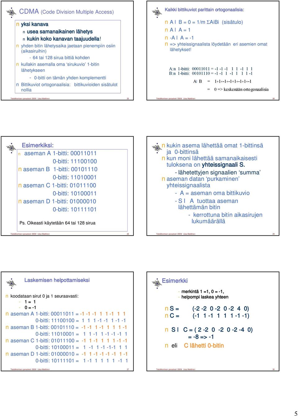 ortogonaalisia: bittikuvioiden sisätulot nollia Kaikki bittikuviot parittain ortogonaalisia: A B = 0 = 1/m ΣAiBi (sisätulo) A A = 1 -A A = -1 => yhteissignaalista löydetään eri asemien omat