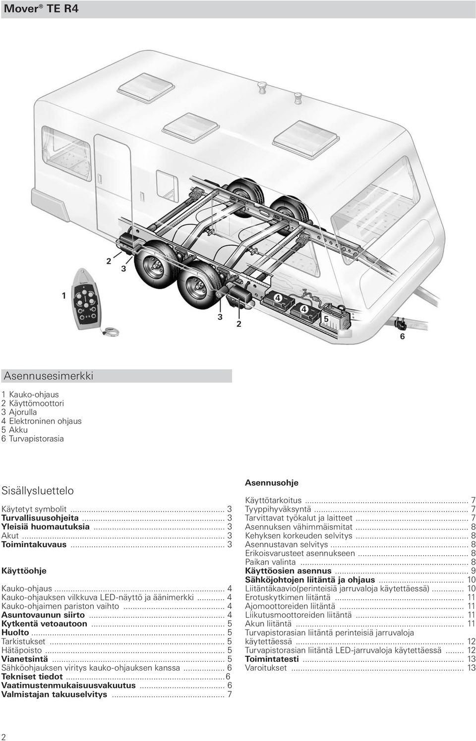 .. 4 Kytkentä vetoautoon... 5 Huolto... 5 Tarkistukset... 5 Hätäpoisto... 5 Vianetsintä... 5 Sähköohjauksen viritys kauko-ohjauksen kanssa... 6 Tekniset tiedot... 6 Vaatimustenmukaisuusvakuutus.